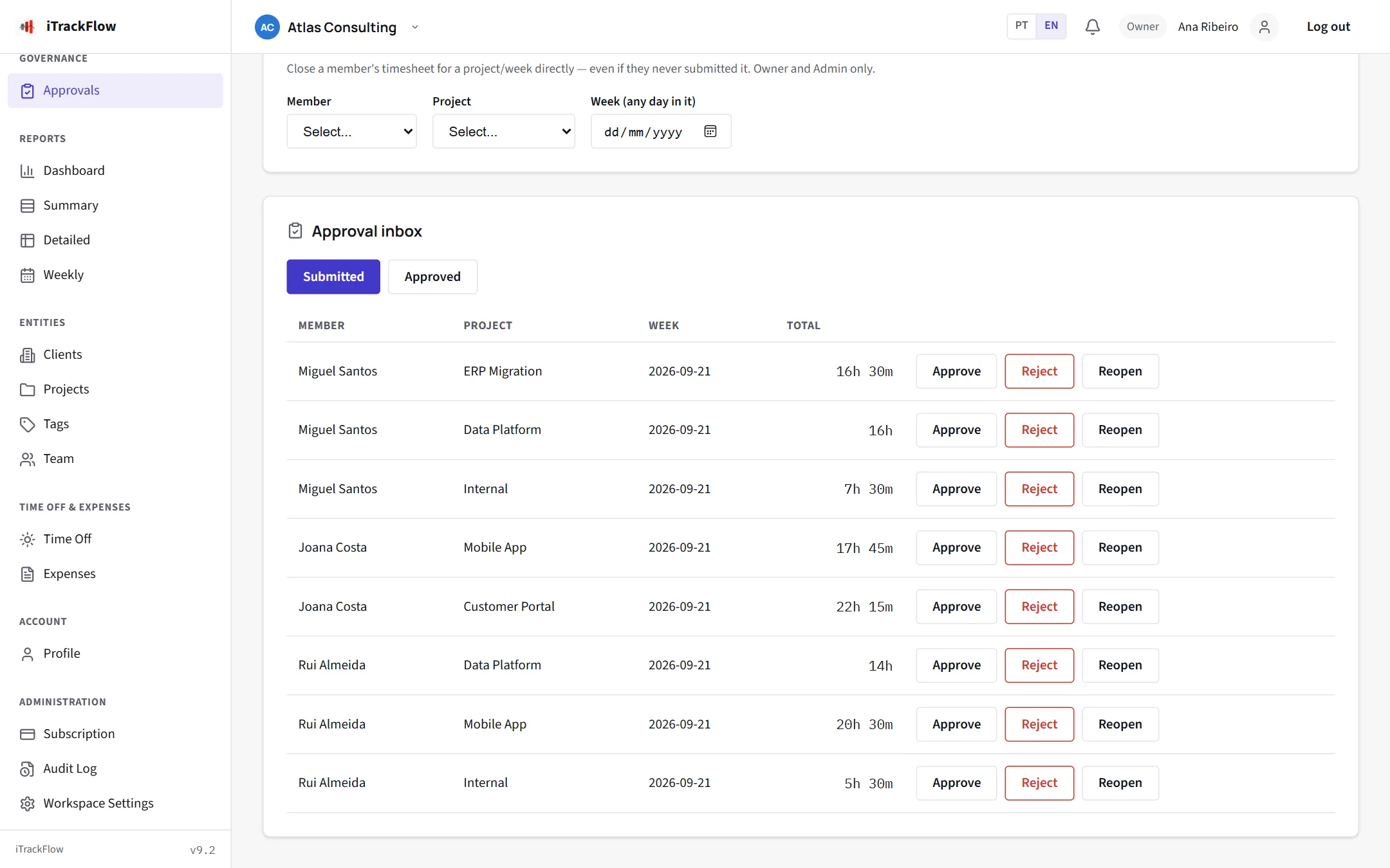 The approvals inbox with timesheets waiting for a decision