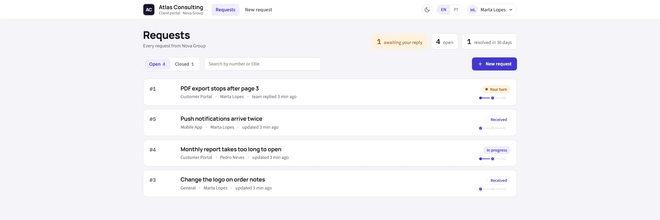 The client portal: a client's open requests with their status